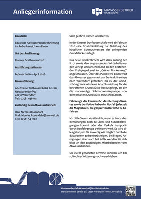 Anliegerinfo Außenbereich Einen